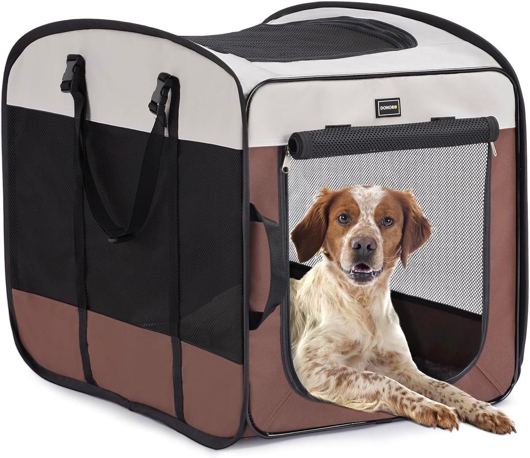 DONORO Dog Kennels and Crates for Medium Dogs, Portable Pop Up Indoor Pet Cage with Sturdy Wire Frame, Collapsible Travel Crate Soft Sided Cat Bag Escape Proof (Brown, 28.0" L x 18.0" W x 22.0" H)