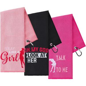 Moukeren 3 Pack Funny Golf Embroidered Towels for Bags with Clip Golf Gift for Men Women Birthday Fan Retirement Mothers Day (Black, Hot Pink, Pink, Elegant Style)