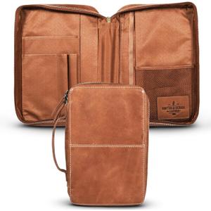 Hunter & Scribe Leather Bible Covers for Men and Women - Top Grain Buffalo Leather - Genuine Leather Bible Cover with Pockets, Zipper, and Bookmark - Bible case - Book Cover - Medium Light Brown