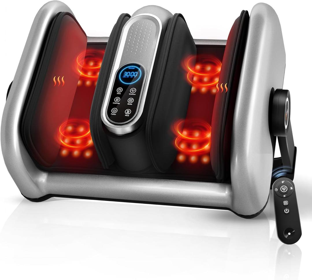 Shiatsu Foot Massager Machine with Heat : Deep Kneading Calf Massager with Vibration for Plantar Fasciitis, Neuropathy, Pain Relief, Circulation - for Home and Office Use (Silver)