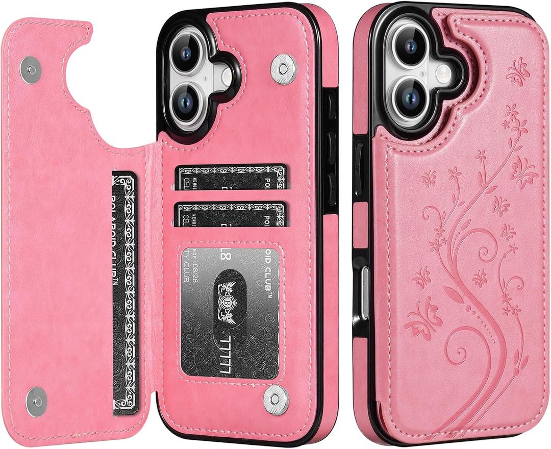 Korecase Compatible with iPhone 17 Wallet Case with Card Holder, Classic Butterfly Leather Kickstand Purse Cover, Double Magnetic Buckles Shockproof Slim Flip Phone Case for Women 2025 -Pink