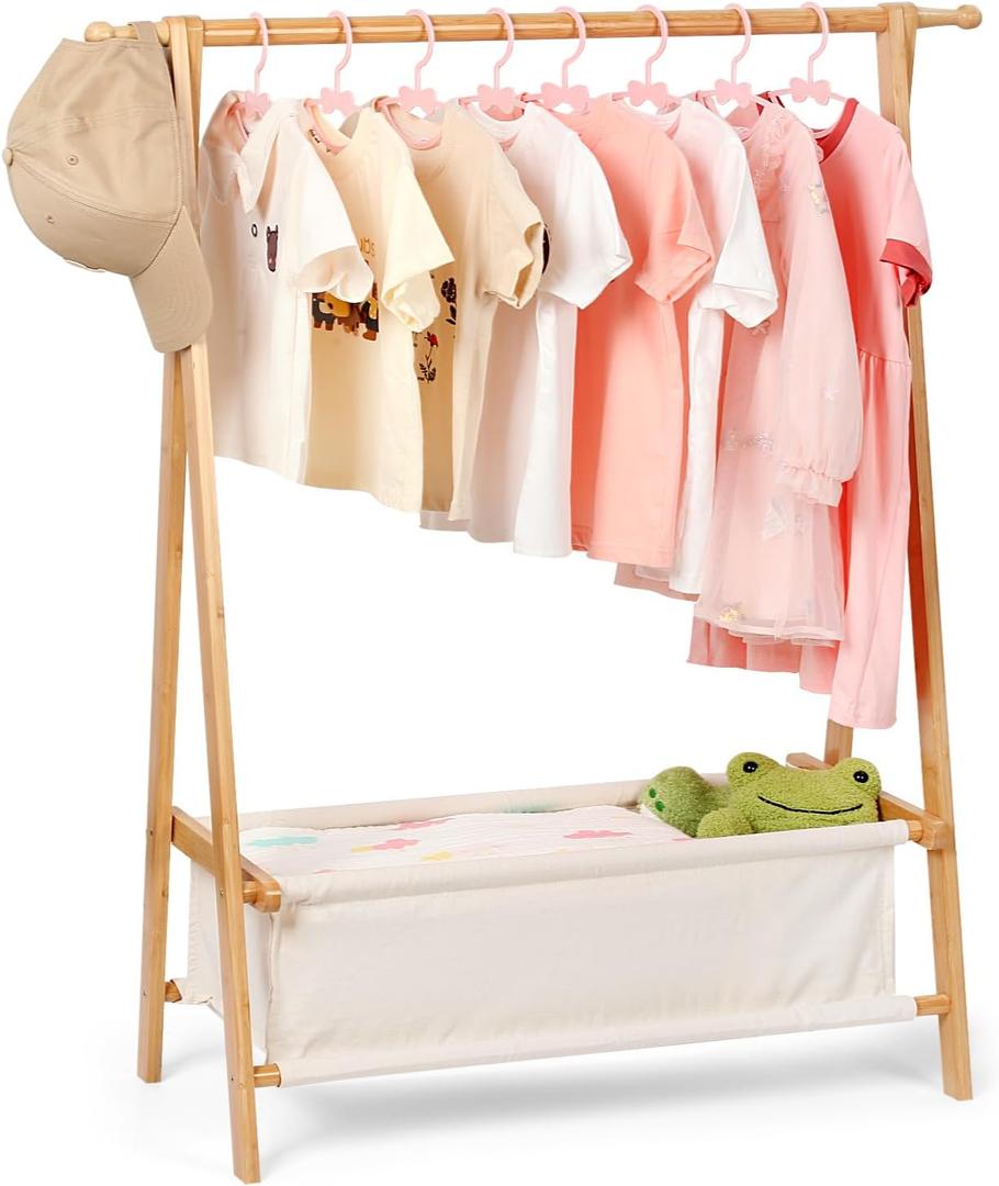 Kids Clothing Rack with Storage, Dress Up Rack, Child ClothesRack, Small Garment, for Costume, Bamboo (Natural Color)