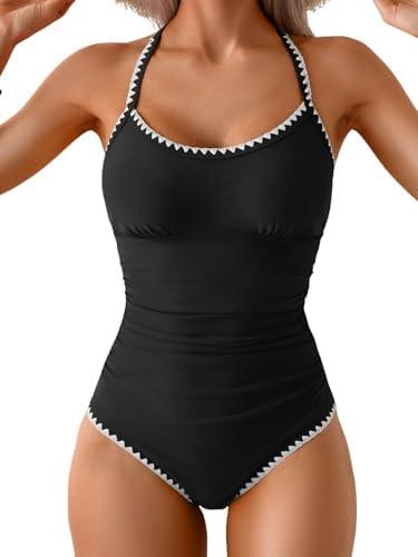 Eomenie Women's One Piece Swimsuit Tummy Control Slimming Bathing Suit Ruched Swimwear Tie Back Shell Stitch Swim Suit Large, Black 