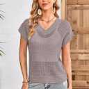 Cakulo Summer Crochet Tops for Women 2025 Short Sleeve V Neck Hollow Out Knit Beach Cover Up Casual Sweater Top (Small, Light Purple)