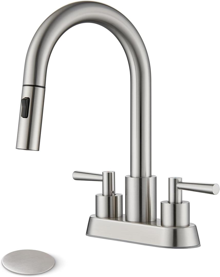 Bathroom Sink Faucet with Pull Out Sprayer 2 Handles, Brushed Nickel Pull Down Bathroom Faucet 3 Holes, 4 Inch Sink Faucet Bathroom, 360 Degree Swivel Spout, Pop Up Drain Assembly Included
