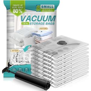 Vacuum Seal Bags for Clothing - Vacuum Storage Bags with Hand Pump, Space Saver Organisers for Travel Luggage Clothes Blankets Comforters (8 Small)