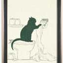 Framed Funny Black Cat Bathroom Wall Art Vintage Sketch Decor Print | Cat With Toilet Paper Painting Poster Humorous Animal Lovers Gift Canvas Picture for Guest Restroom Ready to Hang 8inx10in