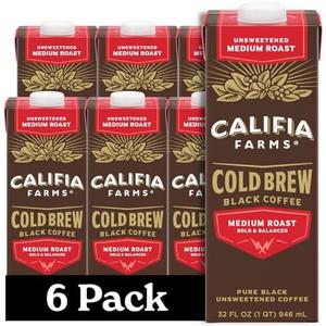 Califia Farms - Pure Black Medium Roast Cold Brew Coffee, 32 Oz (Pack of 6), 100% Arabica, Shelf Stable, Plant Based, Vegan, Gluten Free, Non GMO, Sugar Free, Iced Coffee, Best Before 19 July 2026