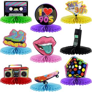 Gersoniel 9 Pieces 90s Theme Party Decorations Honeycomb Centerpieces Retro Table Decor Vintage Hip Hop Supplies 1990s Party Favors Photo Booth Props