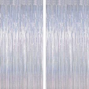 2 Pack Silver Metallic Tinsel Foil Curtains, 3.28 FT x 7.05 FT Glitter Silver Fringe Curtains, New Year Door Streamer Tinsel Backdrop Photo Booth for NYE Party Birthday Engagement Party Decorations