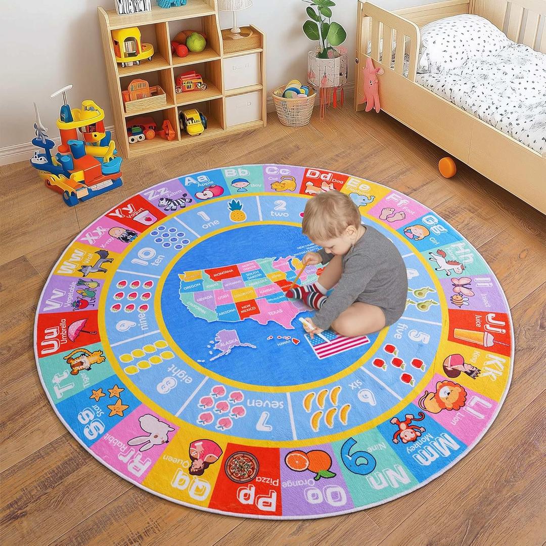 Kids Rugs for Playroom - Soft & Non-Slip 6x6 Feet Round Educational Rug for Learning ABC Alphabet, Numbers, Shapes & Map, Washable Classroom Rug for Toddler Nursery & Kids Room Decor