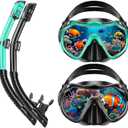 Snorkeling Gear for Adults, Adult Snorkel Set with Panoramic Anti-Leak and Anti-Fog Tempered Glass Snorkel Mask, Dry Top Snorkel, Snorkle Mask Set Adult with Mesh Bag Ear Plug for Snorkeling (Black+Malachite Green (2 Set))