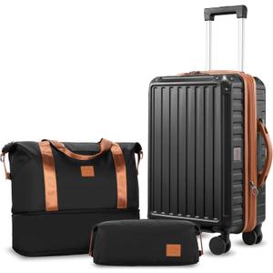 LUGGEX Carry On Luggage Sets 3 Piece, PC Expandable Hardshell Luggage with Spinner Wheels, Brown Black