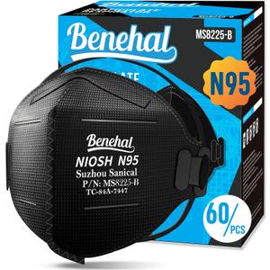 Benehal NIOSH Approved N95 Mask Particulate Respirators, Pack of 60 N95 Face Masks, Individually Wrapped,Black