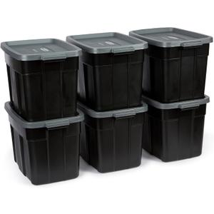Rubbermaid 18 GAL 6 Pack Garage Storage Bins with Stackable Lid, Heavy Duty - Made in USA - Extreme Temperature Resistant, Durable Plastic Containers with Handles - Solid Black and Grey