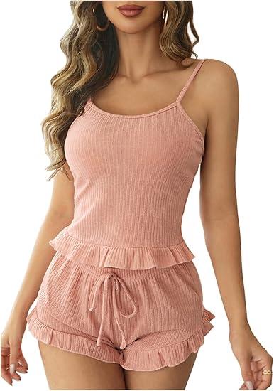 Women's 2 Piece Ruffle Ribbed Knit Crop Camisole Top and Drawstring Shorts Pajamas Set, Small