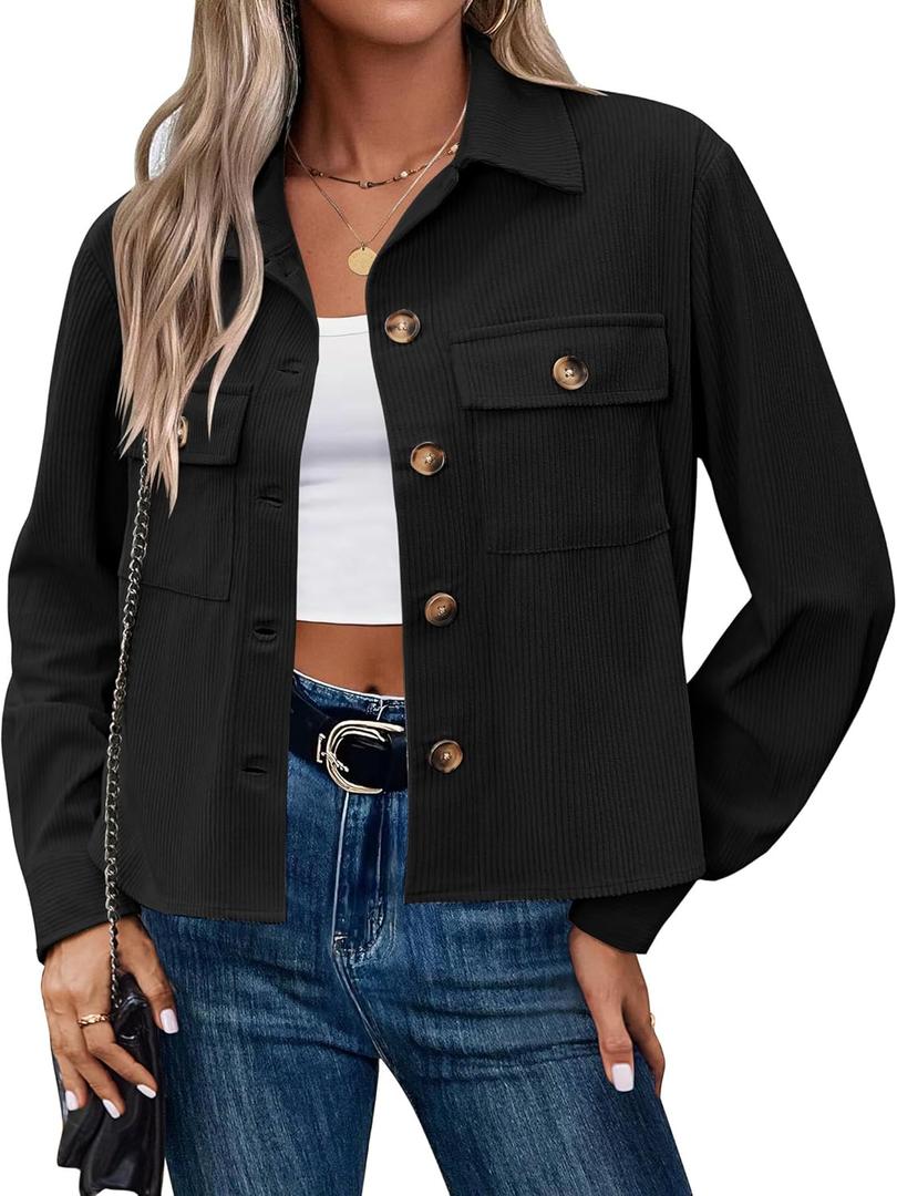 Zeagoo Womens Fashion Cropped Corduroy Shackets Button Down Jackets Tops Fall Trendy Lightweight Long Sleeve Shirts, XS