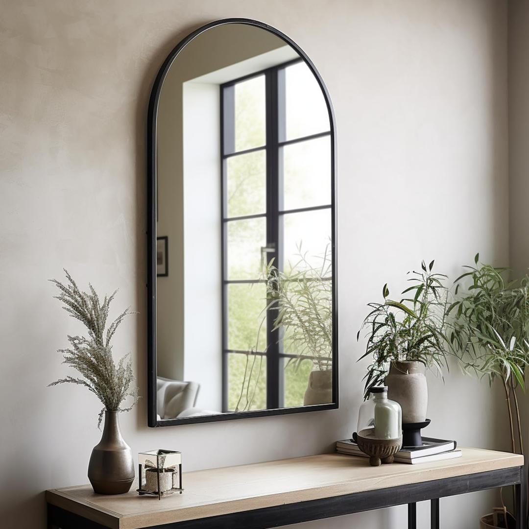 Arched Wall Mounted Mirror, 42"x24", Arch Black Mirror for Bathroom Vanity, Living Room or Bedroom, Entryway, Hallway Wall Mirror, Farmhouse Decorative Mirror for Hanging, Black, Iron Frame (42"L x 24"W, Arched-matt Black)