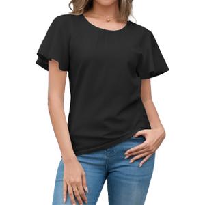 DeXianLai Women's Dressy Casual Tops Business Work Blouses Trendy Vacation Outfits Short Sleeve Business Tshirts Black L