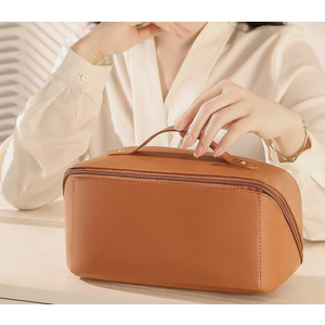 Travel Makeup Bag, PU Leather Cosmetic Bags for Women, Waterproof Portable Pouch Open Flat Toiletry Bag, Make up Organizer with Divider and Handle - Brown. Pack of 2