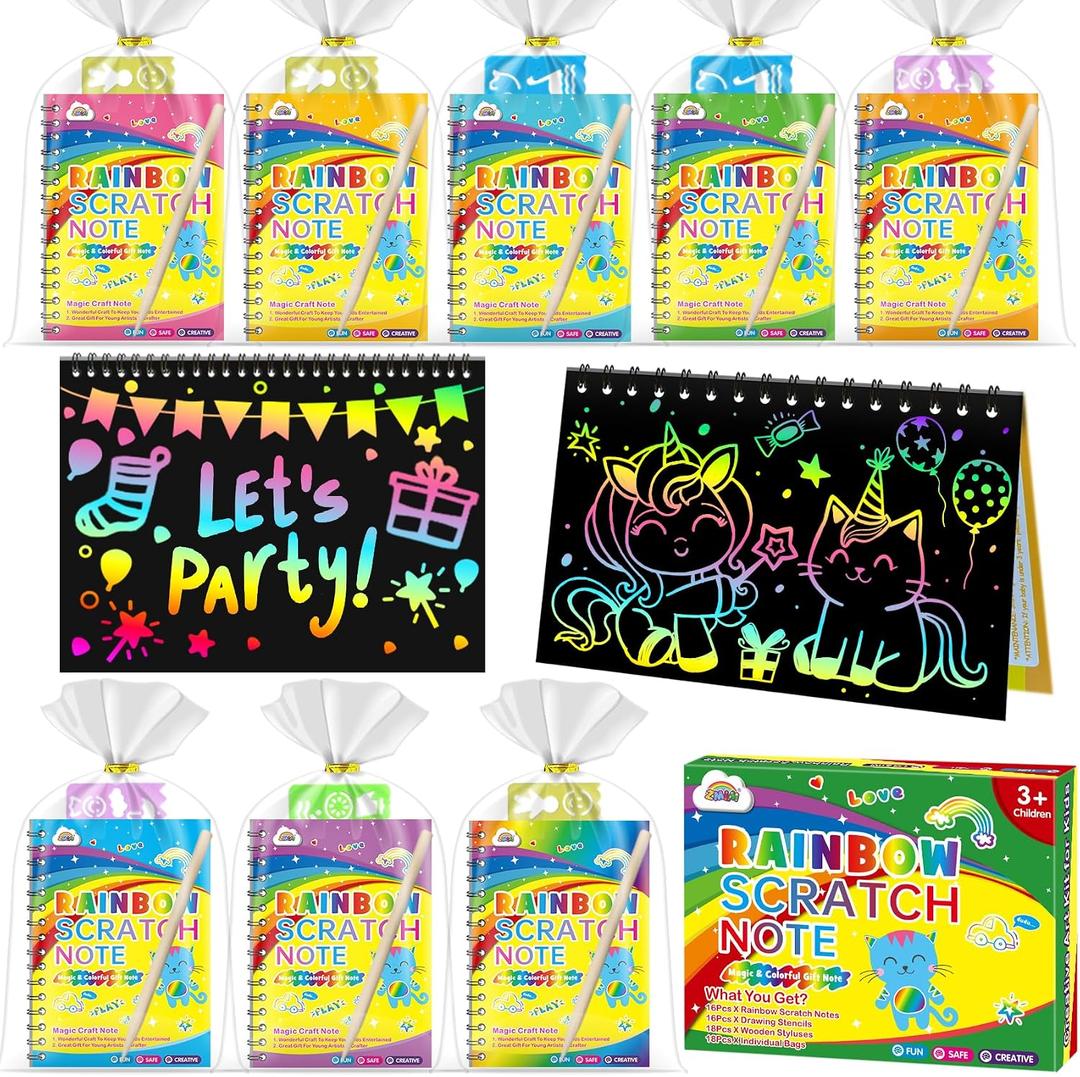 ZMLM 16 Pack Scratch Art Party Favors: Birthday Party Favors for Kids 4-8, Bulk Rainbow Scratch Notebook Paper Pads, Goodie Bags Stuffers Girls Boys Classroom Gifts Crafts Toys Easter Basket Stuffers