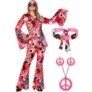 Haysandy 70s Outfit Women Disco Hippie Costume Accessories Pink Peace Disco Bottom Pants for Carnival Halloween Cosplay XL