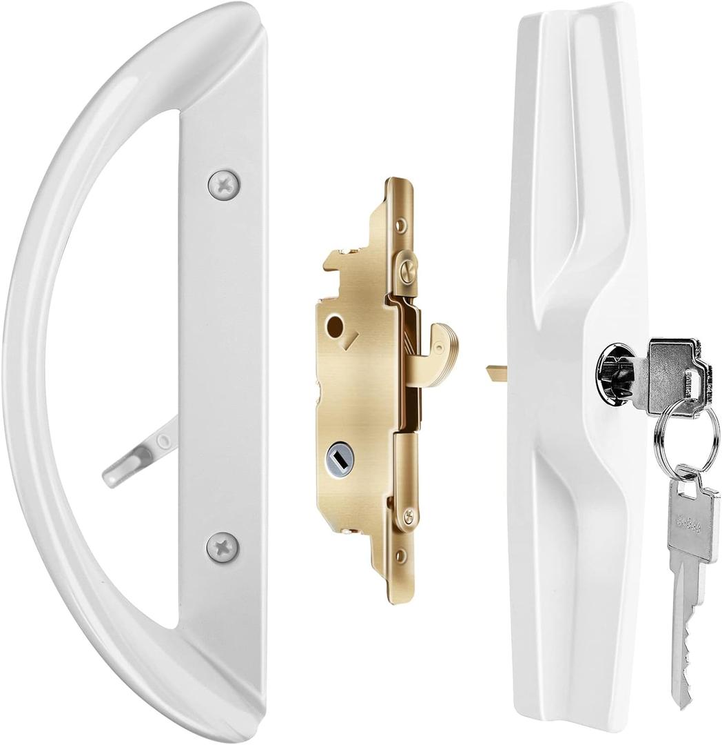 Sliding Patio Door Handle Set with Lock , Sliding Glass Door locks with Key and Mortise Lock, Replacement for sliding door Fits Thickness from 1-1/2" to 1-3/4" Reversible Design 3-15/16" Screw Holes (White)