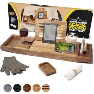 Temple Spring Acacia Wood Bathtub Tray Caddy for Tub Expandable Bath Tray with Solid Book Stand Wine Holder and Non-Slip Pads Includes Soap Dish and Spa Accessories Luxury Hardwood Bath Gift Set