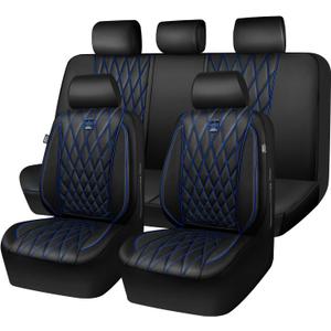 CAR PASS Piping Luxury Leather Seat Covers Full Set,5 Seats Anti-Slip Waterproof Seat Covers Compatible with Front Armrests,Universal Fit for Sendan SUV Van Truck,Airbag Compatible,Black and Blue