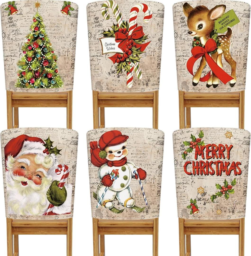 Buryeah 6 Pcs Christmas Chair Back Covers 6 Styles Removable Washable Stretch Dining Room Slip Covers Parson Chair Protector for Christmas Decorations Home Party Decor 23.6'' x 19.7''(Retro Seris)