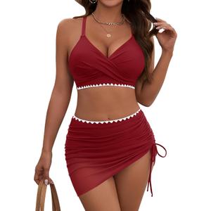 Women's Bikini Sets V Neck High Waisted Swimsuits Twist Front Shell Stitched Two Piece Swimsuit, Medium