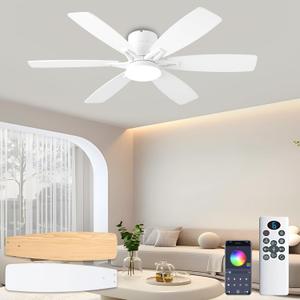 52inch White Ceiling Fans with Lights and Remote/App Control, Low Profile Ceiling Fan with Light and 6 Double-Side blades, Flush Mount, LED/RGB Dimmable DC Reversible Modern Ceiling Fan