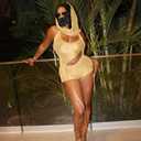 Women Trendy 3 Piece Outfits Crochet Knitted Balaclava See Through Halter Crop Top Hollow Out Mini Hot Shorts Sets (M)