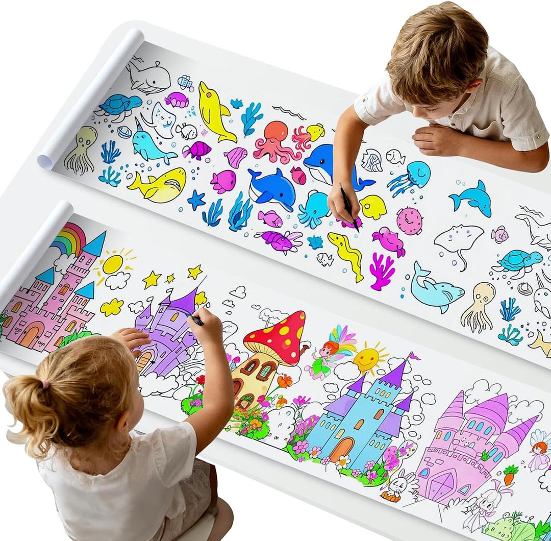 2PCS Children's Drawing Roll, Coloring Paper Roll for Kids Gift,116 * 11.6 Inches DIY Painting Drawing Paper Roll, Color Wonder Paper, Early Educational Toys for Kids Ages 3-8(Castle+Ocean)