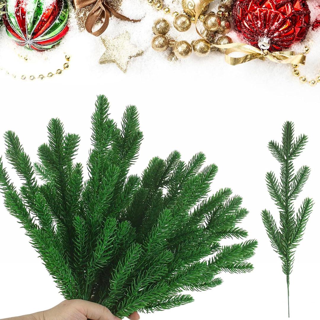 30 Pcs Artificial Pine Branches, Christmas Green Plants Branch Faux Greenery Stem Fake Pine Picks for Garland Wreath Christmas Craft Supplies and Home Garden Decor