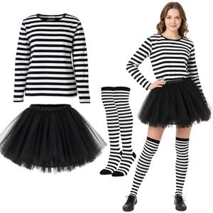 Jadive Christmas Costumes for Women, Striped Long Sleeve T-Shirts Tulle Tutu Skirt Long Striped Stockings Socks.M