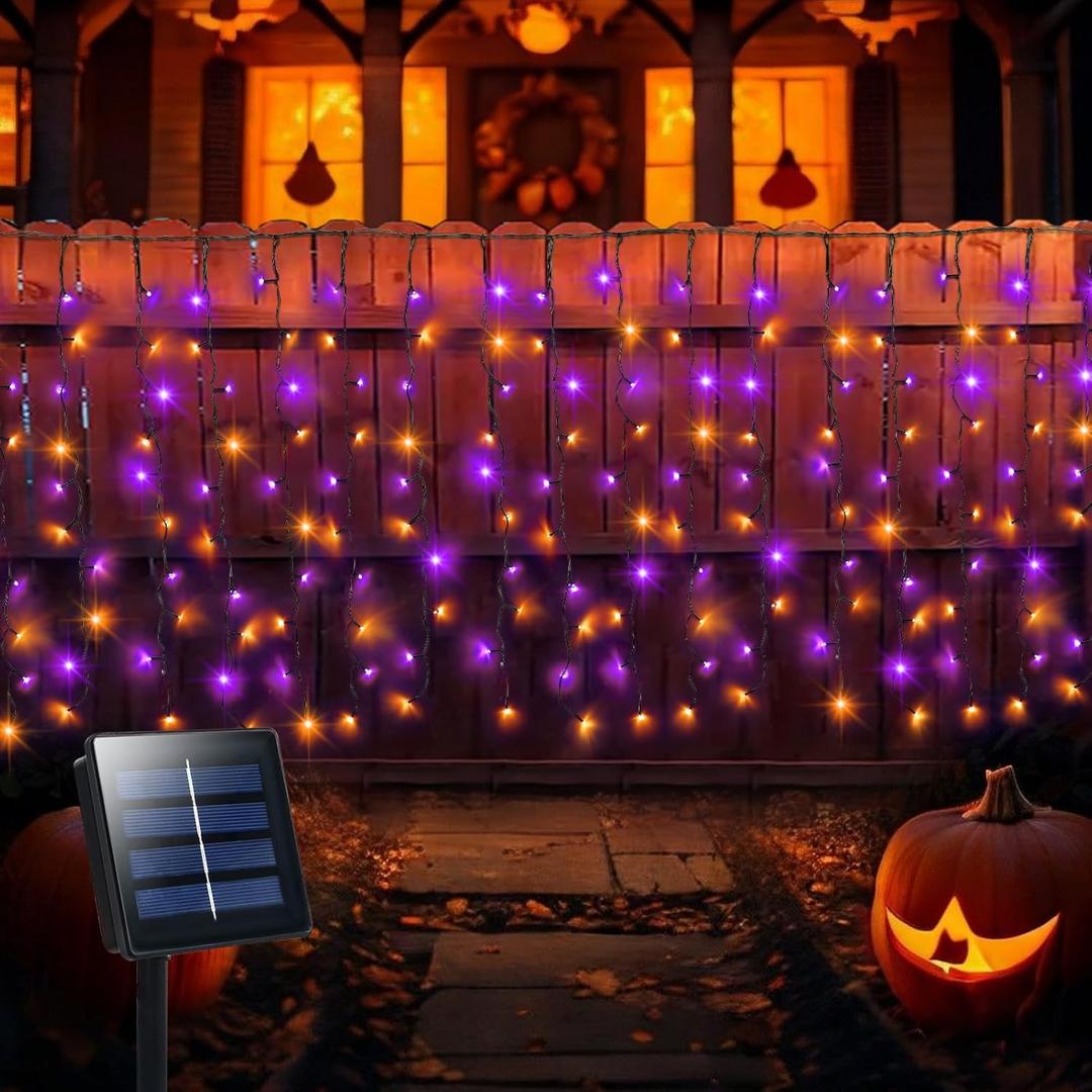 Purple Orange Solar Halloween Curtain Lights Outdoor 300 LED 19.6ft(L) x3.3ft(H) Vertically Extra Length Lights Curtain 8 Versatile Modes Waterproof for Halloween Holiday Decoration Fence Yard Garden
