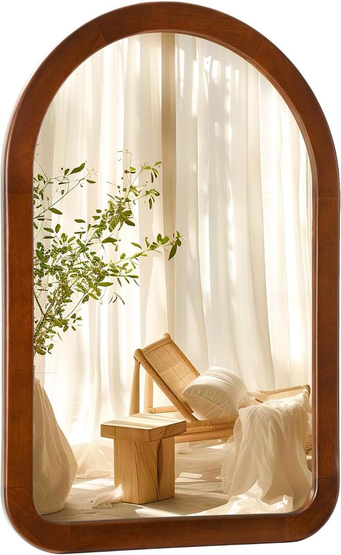 Arched Mirror 24 x 36 Inch,Walnut Brown Wood Rustic Bathroom Wall Mirror