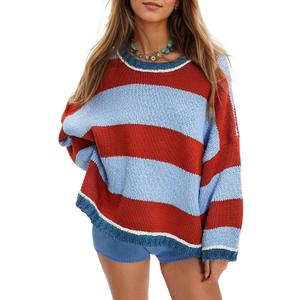 Fnortc Women's Chunky Knit Striped Sweaters Casual Long Sleeve Crew Neck Oversized Pullover Sweater Winter Fall Spring Tops(Brown, S)