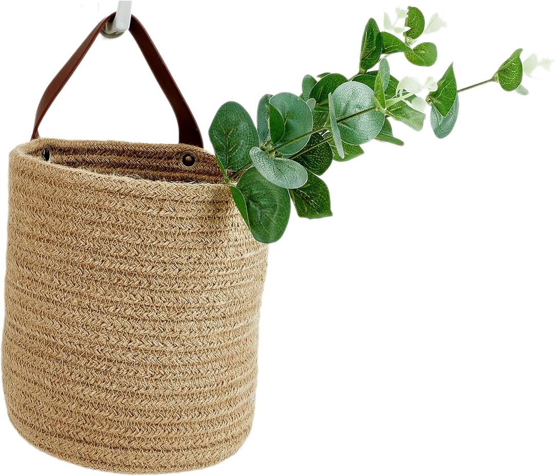 Wall Hanging Storage Baskets - Small Cotton Rope Woven Closet Storage Bins-Shelf Basket Organizer for Plants, Towels - 6.3" x 7" (Jute-Brown)