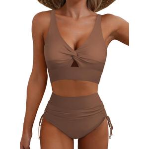 ZAFUL Women High Waisted Bikini Sets Color Block Swimsuit Two Piece Knot Twist Cut Out Drawstring Bathing Suit (Small, Coffee)