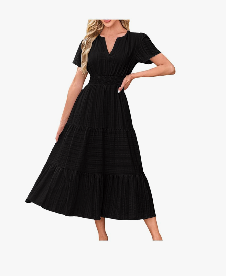 Women's Summer 2025 Casual Midi Maxi Dresses Lightweight Short Sleeve V Neck Elastic Waist Boho Beach Dress Pockets Size XXL