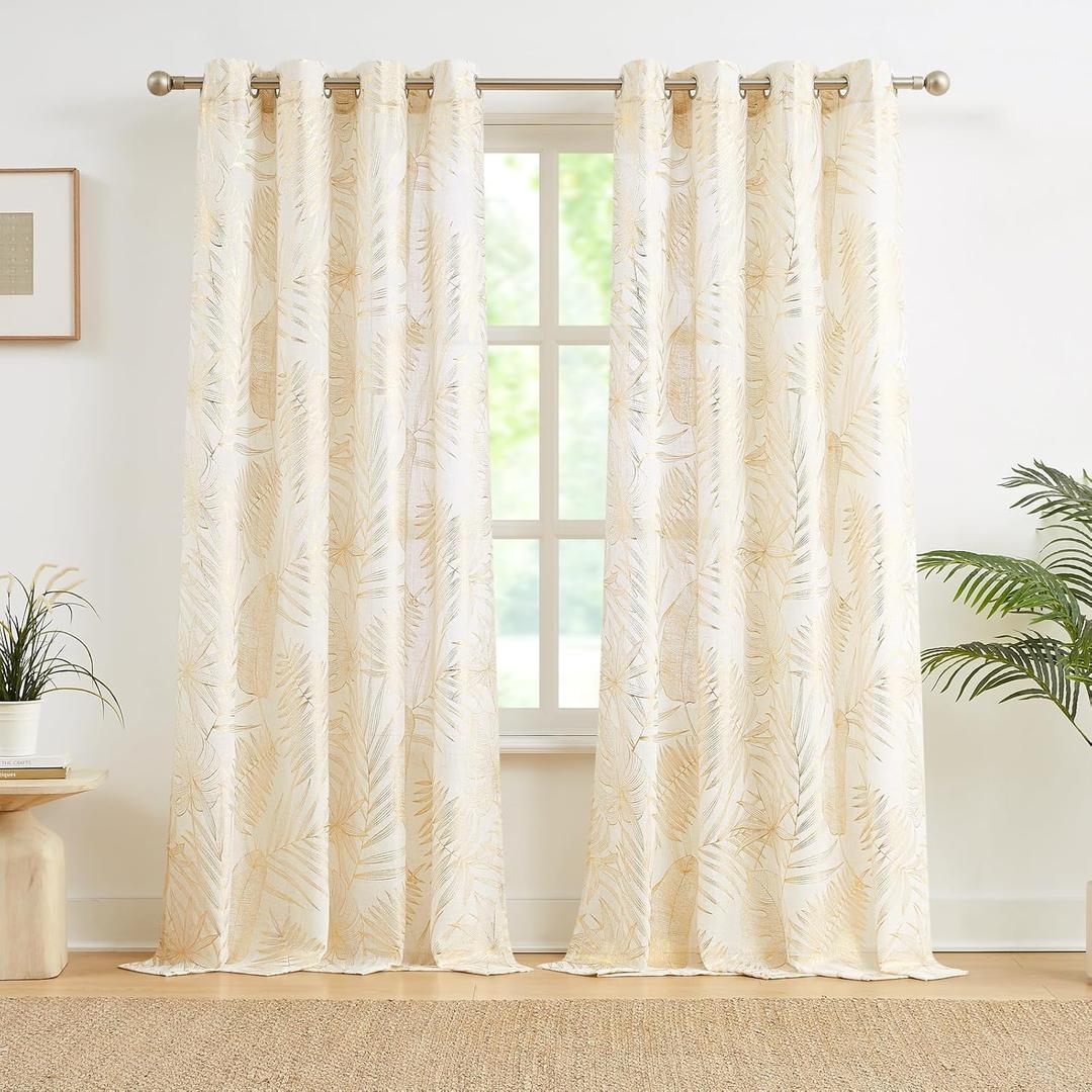 Linen Curtains Gold Leaf Foil 95 Inch Length Tropical Farmhouse Semi Sheer Drapes Botanical Light Filtering Window Panels for Living Room Bedroom 52w, Grommet Top 2 Panels