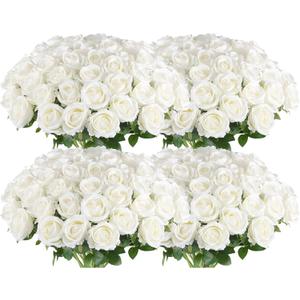 Hananona Artificial Roses in Bulk, Fake Silk White Roses Realistic Roses for Wedding Centerpieces Flower Arrangement Home Decor (100, White)