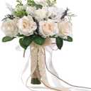 GLIDLION Wedding Bouquets Large for Bride Bridesmaid,White Champagne Artificial Roses Flowers for Wedding Church Decoration (9.5in)