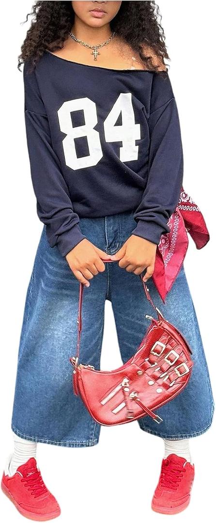Girl's Number Jersey Sweatshirt Long Sleeve Off The Shoulder Sweatshirt Tops Pullover Streetwear (Blue)