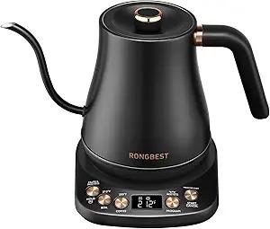 RONGBEST Electric Gooseneck Kettle 1L, 6 Temperature Presets, 1200W Quick Heating Water Pour Over Coffee & Tea Pot with Auto Shutoff & Keepwarm, Stainless Steel Inner & Lid, Matte Black