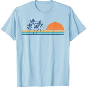 Retro 70s Sunset Palm Trees Vintage Tropical Beach Graphic T-Shirt, Medium