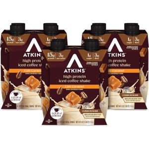 Atkins Caf Caramel Iced Coffee Flavored Protein Shake, High Protein Shake, Low Glycemic, Low Carb and Low Sugar, Keto Friendly, Gluten Free, 12 Count