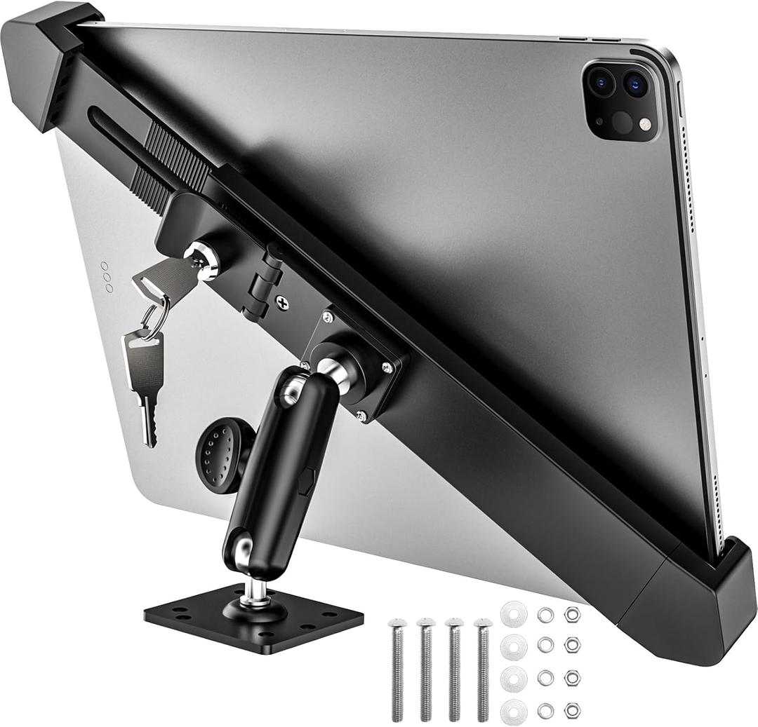 Security Car Tablet Mount, Industrial Heavy Duty Tablet Holder with Lock & Key, 360 Swivel Anti-Theft Stand for ELD/Semi Truck/Commercial Vehicle, for iPad Pro 12.9 Air 13, 9-14" Devices